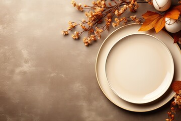 Obraz na płótnie Canvas Thanksgiving day table setting decorated fallen leaves, beige flowers in natural colors. Copy space. View from above. Generative AI. Generative AI.