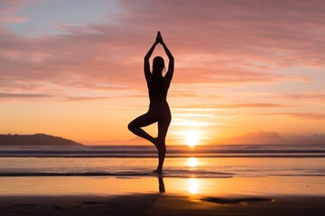 Fototapeta na wymiar Peaceful sunrise beach yoga: A dreamlike moment, brought to life by Generative AI