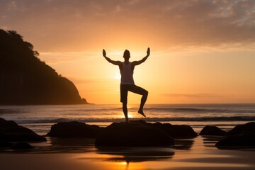 Fototapeta premium Peaceful sunrise beach yoga: A dreamlike moment, brought to life by Generative AI