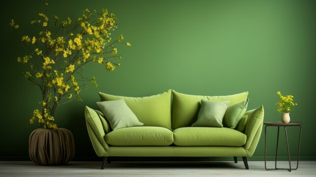 Luxury designer interior green color tones. Exclusive design of a room in  light green color. Interior of a room with luxury expensive furniture in green color palette