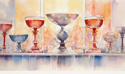 Eucharist, first holy communion. Watercolor christian background, generative ai.
