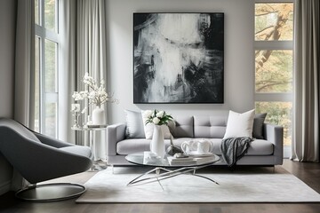 Modern sitting area with stylish gray and white decor. Generative AI