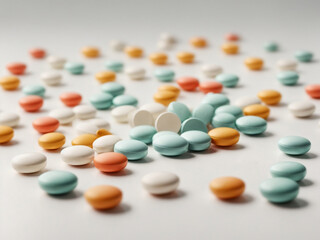 Assorted Pills: Vibrant Orange, White, and Blue Capsules on a Clean White Background