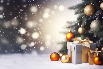 Image of beautiful and festive gift boxes with gifts  and balls for decorating the Christmas tree on a blurred background. 