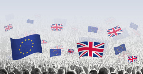 Crowd with flag of European Union and United Kingdom, people of United Kingdom with flag of EU.