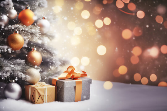 Image of beautiful and festive gift boxes with gifts  and a decorated Christmas tree on a blurred background. 