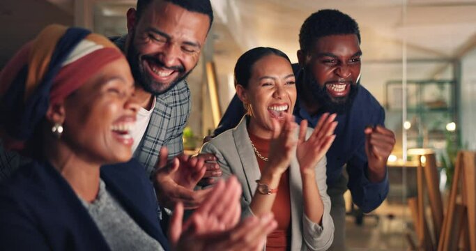 Business people, celebration and computer with collaboration, applause and web design growth. Working, company win and project success of management group with motivation and cheer for teamwork