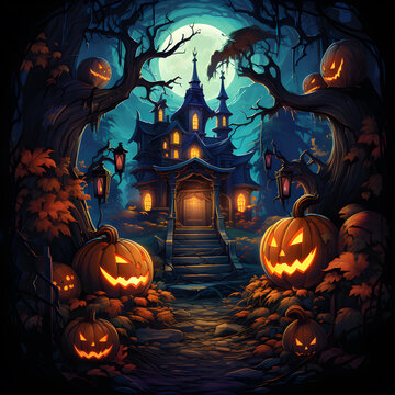 Halloween background with pumpkins and witch's house, Vector illustration, Ai Generated