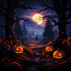 Fototapeta premium Halloween background with pumpkins, trees and moon, vector illustration, Ai Generated