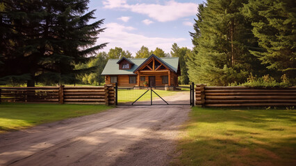 Log cabin at the edge of the forest - obrazy, fototapety, plakaty