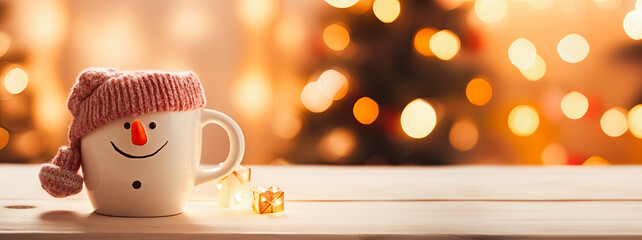 Christmas morning. 3d Snowman mug with warm cocoa and marshmallows. Xmas tree with bokeh lights on the background