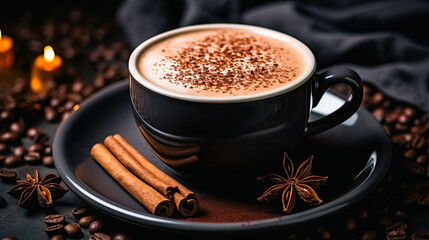 Hot chocolate with cream, cinnamon, chocolate pieces and various spices. Hot Chocolate on the Rustic Background