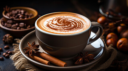 Hot chocolate with cream, cinnamon, chocolate pieces and various spices. Hot Chocolate on the Rustic Background