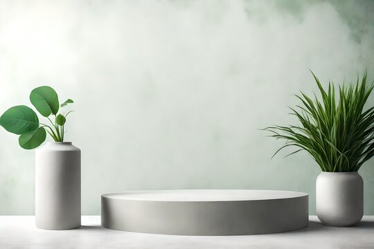 White empty concrete textured wall and podium stage background, green glass vase with plants, neutral sustainable natural brand product showcase template, mock up with copy