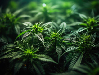 In a striking top view, light leaks color tones accentuate the background's deep blackness while highlighting the lush green of marijuana vegetation 