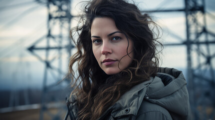 a German woman stands beside a towering transmission tower, overlooking a sprawling network of power lines. 