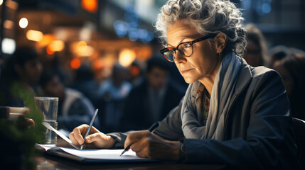 Old architect lady drawning to paper her ideas - obrazy, fototapety, plakaty