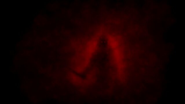 Gloomy maniac silhouette with long knife. Bloody of dim light. Dark spirit of terror ready to hunt. Evil ghost in creepy fog. Horror fantasy 2D animation. Spooky videoclip. Red and black background.