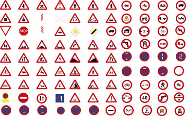 Set of triangular and round traffic, warning, prohibition and danger signs icons in addition to the hexagonal stop
