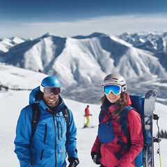 Fototapeta na wymiar Esquiadores mujer y hombre sonriendo en unas montañas nevadas