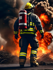Fototapeta premium brave fireman standing in front of a frightening explosion. Firefighter at a fire. generative AI