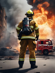 brave fireman standing in front of a frightening explosion. Firefighter at a fire. generative AI