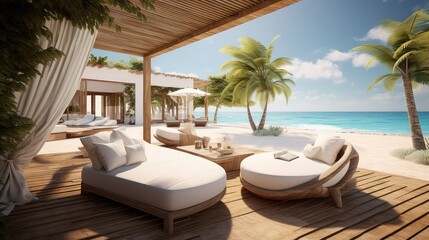 Stylish beachfront resort photo realistic illustration - Generative AI.