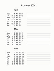 Calendar for second quarter 2024. Three months of 2 quarter 2024. Monthly planner
