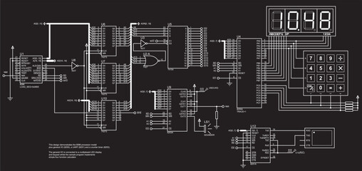 Obraz premium Vector electrical schematic diagram of integer calculator based on microcontroller. Displaying the pressed keyboard keys and the results of mathematical operations on seven-segment display.