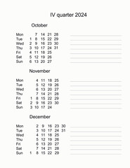 Calendar for fourth quarter 2024. Three months of 4 quarter 2024. Monthly planner
