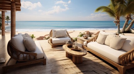 Stylish beachfront resort photo realistic illustration - Generative AI. - obrazy, fototapety, plakaty