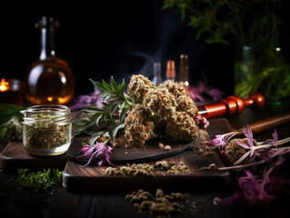 Cannabis buds, highlighting CBD and THC, are depicted in macro detail on a black wood background, emphasizing the theme of cannabis legalization. A marijuana smoking pipe is also present.