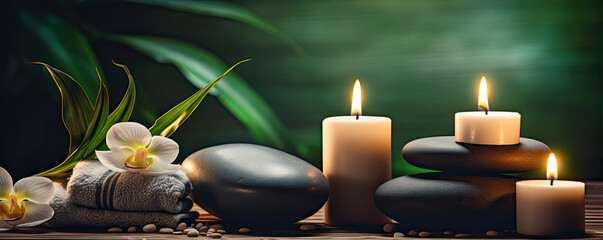 Massages stones and candles. Spa relaxation concept. - obrazy, fototapety, plakaty