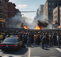 Obraz premium Riots, protests in the city. A burning car on a city street, smoke and flames all around. Dispersing demonstrations, patrolling during riots. Clashes on the city streets. street riots. generative AI