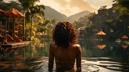 beautiful young woman in bikini relaxing in swimming pool in bali, indonesia.