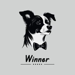 Border collie in a suit with a bow tie. Black and white simple vector logo.