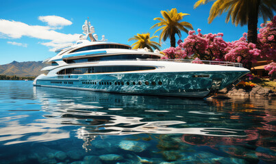 Fototapeta na wymiar The Epitome of Opulence on a Grand Luxury Yacht Anchored Amidst Picturesque Paradise - Generative AI