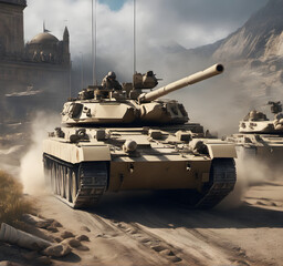 War. The tank is driving to the battlefield. Tank forces. Tank attack. generative AI