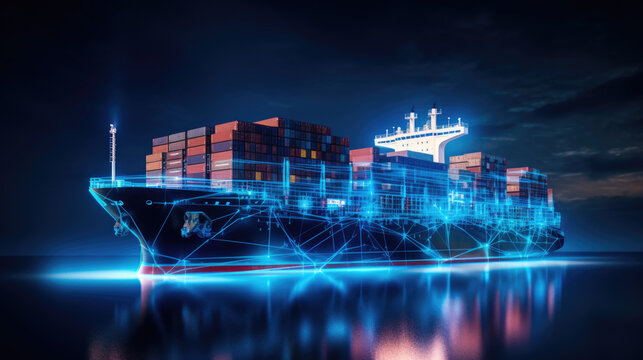 3d model of a container ship, glowing wire-frame neon lines over black background