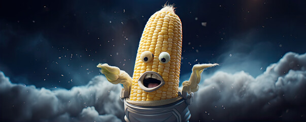 Fancy corn cob character with eyes and mouth smilling, flying in space.  Corn astronaut. - obrazy, fototapety, plakaty