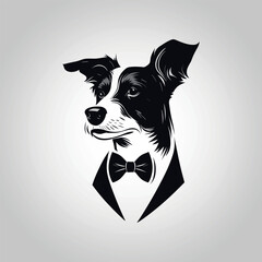 Border collie in a suit with a bow tie. Black and white simple vector logo.