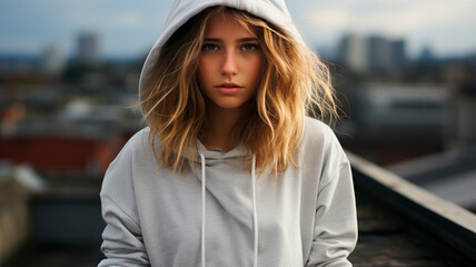 portrait of a young woman in a black jacket on the roof of an abandoned building - obrazy, fototapety, plakaty