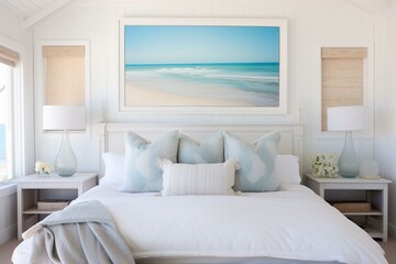 White frame in beachy bedroom. Generative AI