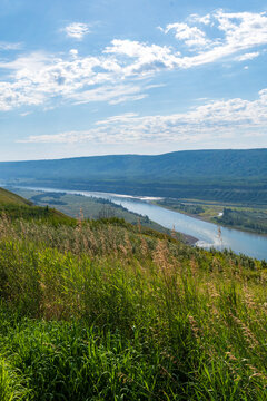 Peace River Valley, summer 2022, prior to completion of Site C Dam near Fort St. John, BC