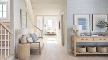Cozy clean interior design with muted costal colors hallway
