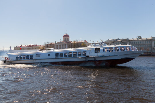 High-speed river passenger hydrofoil motor ship sails the Neva river