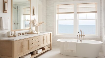 Fototapeta na wymiar Cozy clean interior design with muted costal colors bathroom