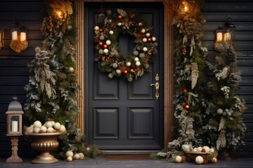 Entrance door with a Christmas wreath and Christmas trees
