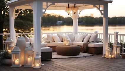 Cozy Patio in the Evening: White Lounge with Cushions, Outdoor String Lights, Lanterns, White Furniture, Dreamy Tones, Norwegian Nature