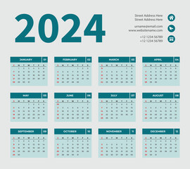 Sky blue and green One Page Calendar 2024 Vector Template